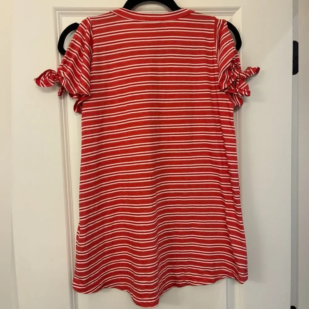 ANTHROPOLOGIE LEFT OF CENTER Tie Cuff Tee Red White Stripe Motif Women’s Size XS